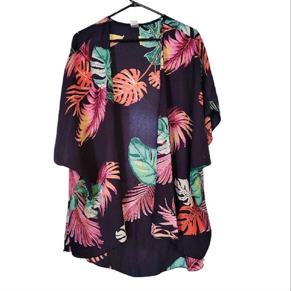 I Joah Black Tropical Open Front Short Sleeve Swim Kimono Cover Up Large NEW - Picture 2 of 12